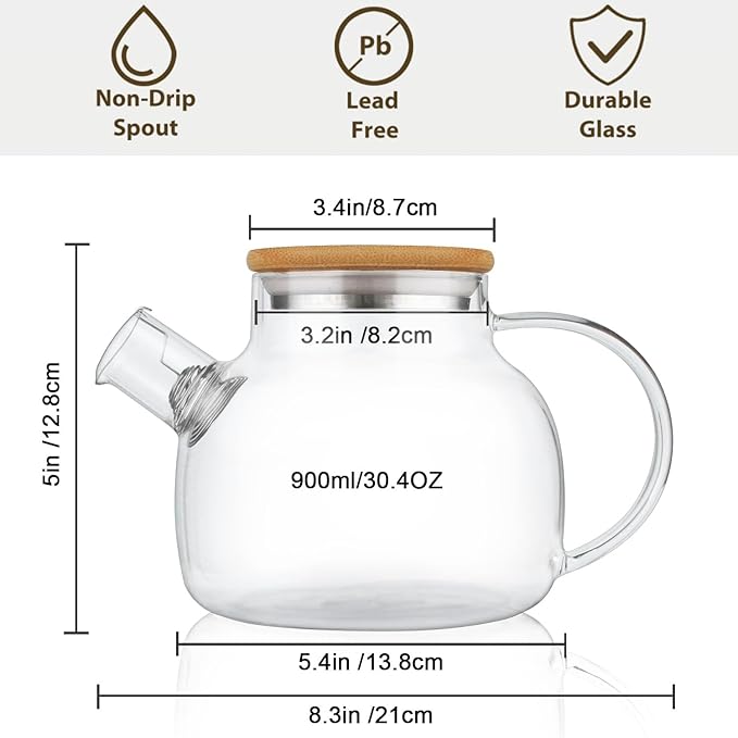 CnGlass Glass Teapot Stovetop Safe,30.4oz Clear Tea pot with Removable Filter Spout,Loose Leaf and Blooming Tea Maker - Bloomnest
