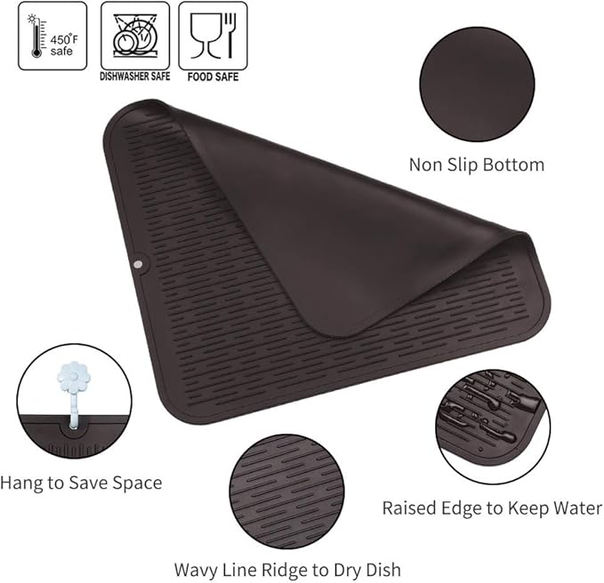 Silicone Dish Drying Mat for Multiple Usage,Easy clean,Eco-friendly,Heat-resistant Silicone Mat for Kitchen Counter or Sink,Refrigerator or Drawer Liner Coffee 2XL 24 inches x 18 inches - Bloomnest