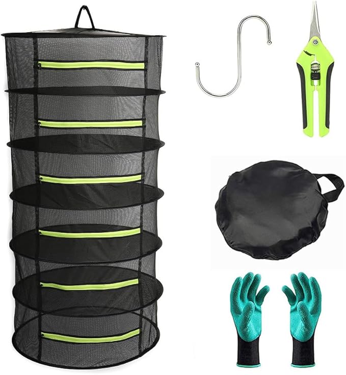 6-Layer Herb Drying Rack, 2ft Plant Hanging Mesh Dry Net with Green Zippers and Bonus Hook - Bloomnest