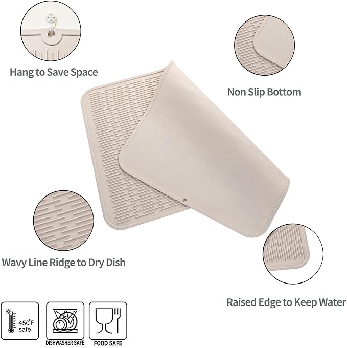 Silicone Dish Drying Mat for Multiple Usage,Easy clean,Eco-friendly,Heat-resistant Silicone Mat for Kitchen Counter or Sink,Refrigerator or Drawer Liner Tapioca 3XL 28 inches x 18 inches - Bloomnest