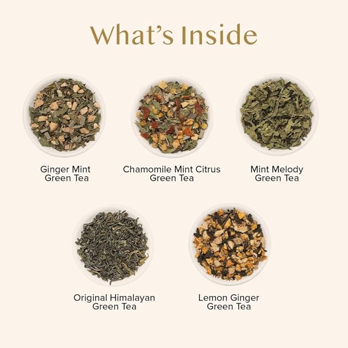 VAHDAM, Assorted Green Tea Bags Sampler (5 Flavors, 20 Ecofriendly Pyramid Tea bags) I Gift Ideas for Women & Men | Himalayan Green Tea Varieties | Gluten Free & Non GMO | Gift Ideas for Him/Her - Bloomnest