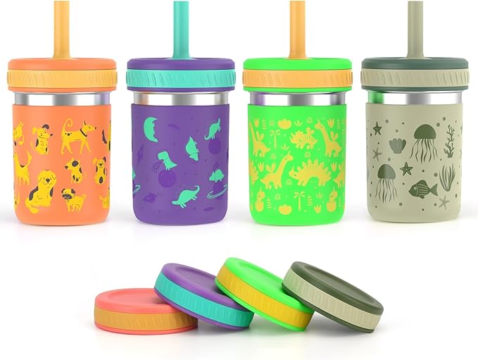 Sursip Stainless Steel Kids & Toddler Cups with Straws and Lids|15 oz Mason jars for Snacks & Smoothie|Spill-Proof Sippy Drinking Water Cups, BPA-Free, Dishwasher Safe - Bloomnest