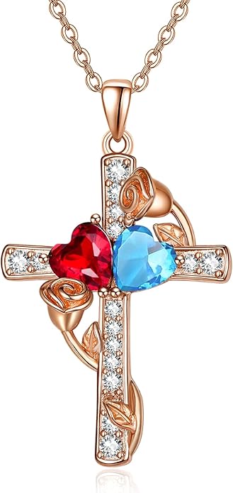 Rose Gold Dual Birthstones Cross Necklace for Women Rose Flower Jewelry Anniversary Christmas Mother's Valentine's Day Birthday Gift for Wife Girlfriend Mom - Bloomnest