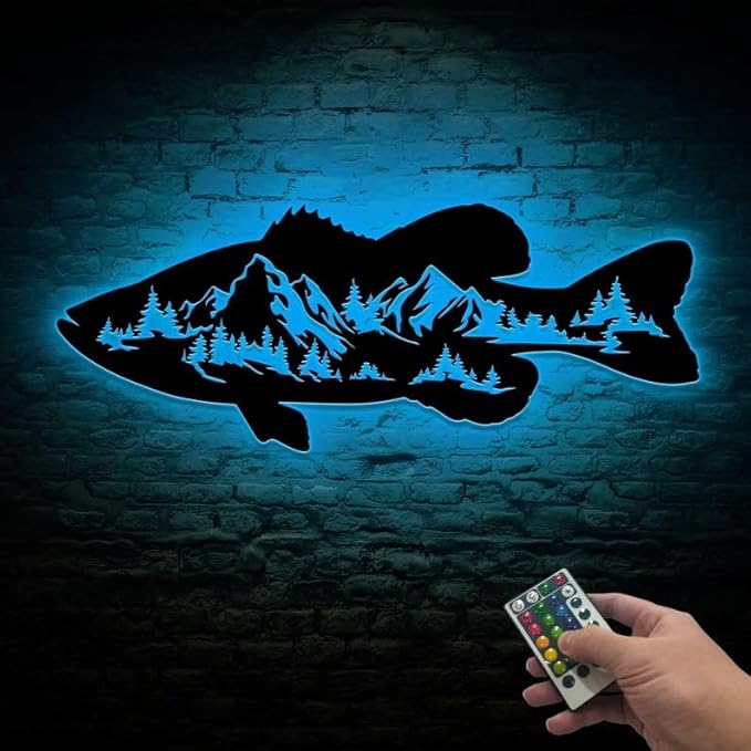 Personalized Neon Sign, Black Bass Mountain Metal Wall Art Led Light, Fishing Gifts for Men, Gift for Dad, Fish and Trees Sign, Cabin Lodge Decor, Fisherman Gift - Bloomnest