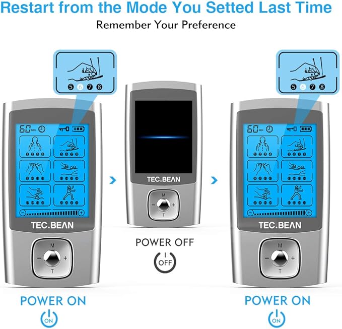 24 Modes Tens Unit Muscle Stimulator, Rechargeable Tens Machine with 8 Electrode Pads (American Gel), Electric Pulse Massager for Pain Relief Therapy(Silver) TECBEAN
