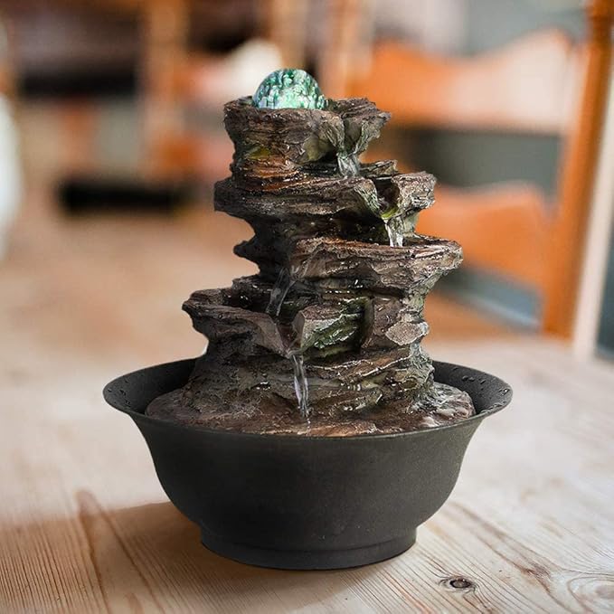 Ferrisland Tabletop Rock - Stacked Waterfall Fountain with LED - Lit Crystal Ball, Ideal for Office & Home Decor(Brown Gray) - Bloomnest