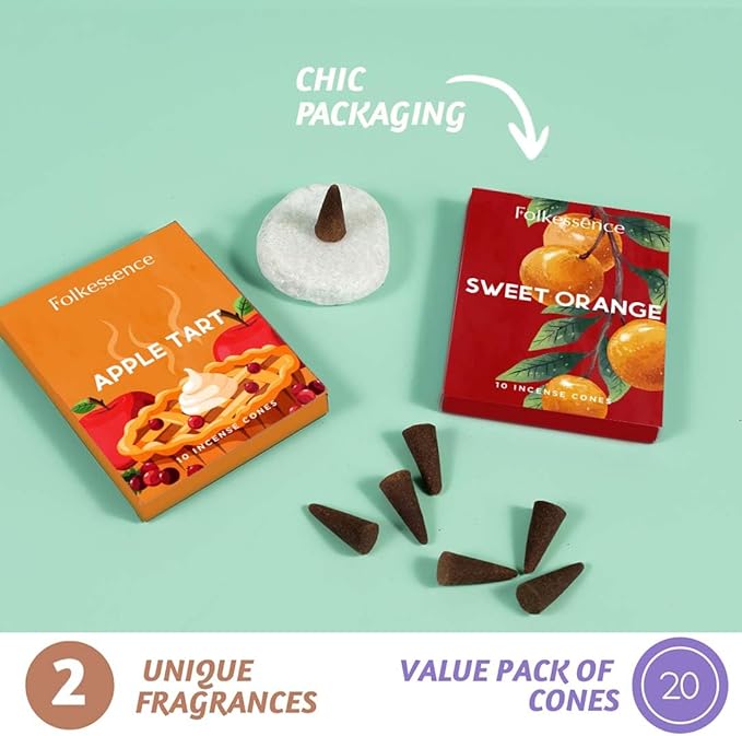 Folkulture Incense Cones for Waterfall | 20 Pc Incense Cone Scented | 2 Fragrance Cone-Insenses - Sweet Orange & Apple Tart| Natural, Non Toxic | Christmas Inscents-Cones | Relaxing, Meditation