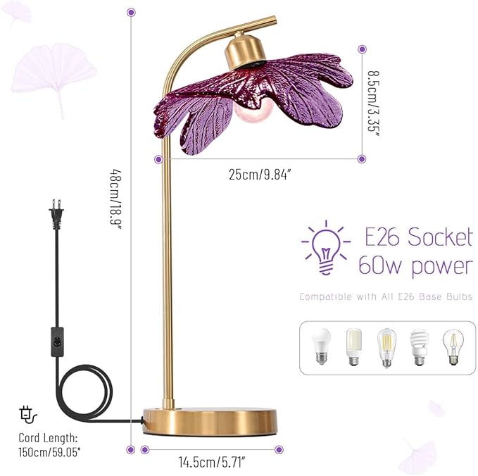 bedside table lamps touch Table lamp Mid Century Modern lamp Gold Desk lamp nightstand lamp vintage desk lamp small table lamp Purple Glass table light for end table Bedroom Living Room farmhouse - Bloomnest