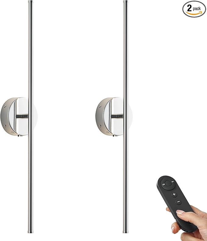 Battery Operated Wall Sconces with Remote Control, Dimmable Wall Sconces Set of Two, 350°Rotate, 3000K LED Chrome Wireless Wall Light for Living Room, Bedroom,Hallway, 24.4 Inch (2 Pack) - Bloomnest