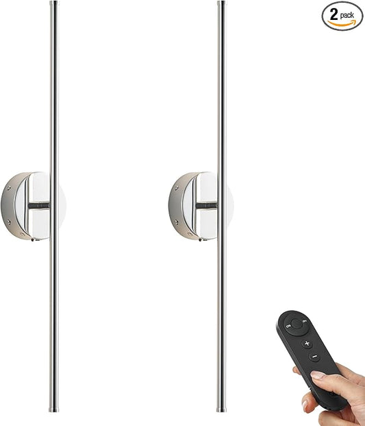 Battery Operated Wall Sconces with Remote Control, Dimmable Wall Sconces Set of Two, 350°Rotate, 3000K LED Chrome Wireless Wall Light for Living Room, Bedroom, Hallway, 28.3 Inch (2 Pack) - Bloomnest
