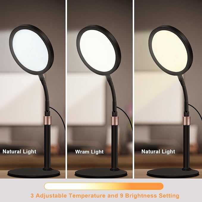 Light Therapy Lamp, UV-Free 10000 Lux Sun Therapy Light with 360° Gooseneck & 9 Brightness Happy Therapy Desk Lamp for Lift Mood (Black) - Bloomnest