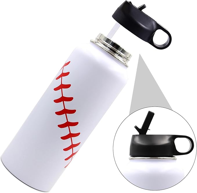 40 oz Baseball Water Bottle, Wide Mouth Sports Flask Metal Travel Tumbler with 2 Lids, Stainless Steel Double Wall Vacuum Insulated Thermo Water Jug, Baseball Accessories Gifts for Mom Boys Girls - Bloomnest