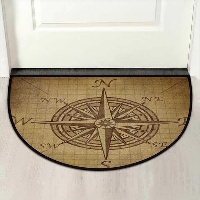 Half Round Door Mat, Compass Rose Retro Non-Slip Half Circle Area Rug Vintage Pattern Doormat Washable Durable Home Decor Half Moon Rug for Floor Indoor Outdoor Living Room Bedroom Kitchen Patio - Bloomnest