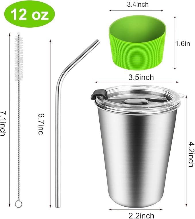 Kids Stainless Steel Cups, Kids Metal Drinking Glasses with Lids, Stainless Steel Straws and Sleeves, 12oz Reusable Water Tumbler for Children and Adults, Apply to Indoor and Outdoor - Bloomnest