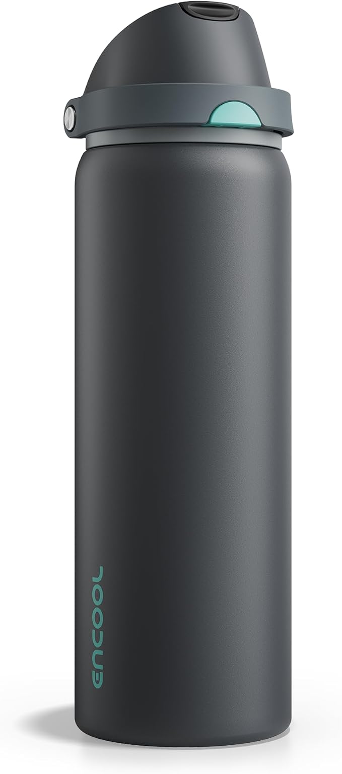Insulated Water Bottle with Straw - Encool Stainless Steel Water Bottle with Push Button Lid, Leak-Proof & BPA-Free, Keeps Cold for 24 Hours for Sports, Travel, Gym (32 oz, Tuna Grey-Green) ENCOOL