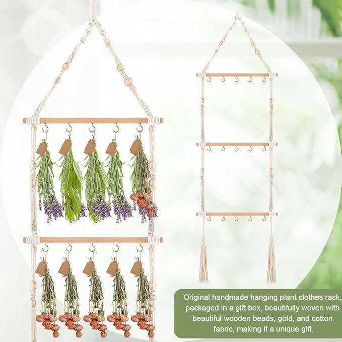 3-Tier Hanging Herb Drying Rack, Includes 25 Gift Tags & 32ft Natural Jute Twine, Handwoven Hanging Herb Dryer Rack Plant Hanger for Drying Herbs, Flowers, Sage(COLOR:Beige) - Bloomnest