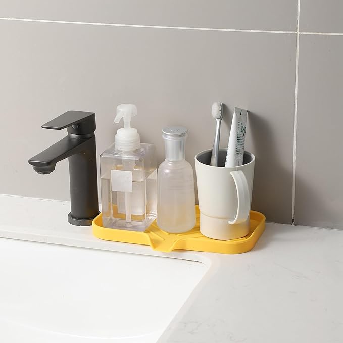 Silicone Bathroom Soap Dishes with Drain Spout-Bathroom and Kitchen Sink Organizer,Sponge Holder,Dish Soap Tray,Perfect for Dispenser,Scrubber,Bottle,Cup on Sink or Counter-Yellow 9.6"×5.3" - Bloomnest