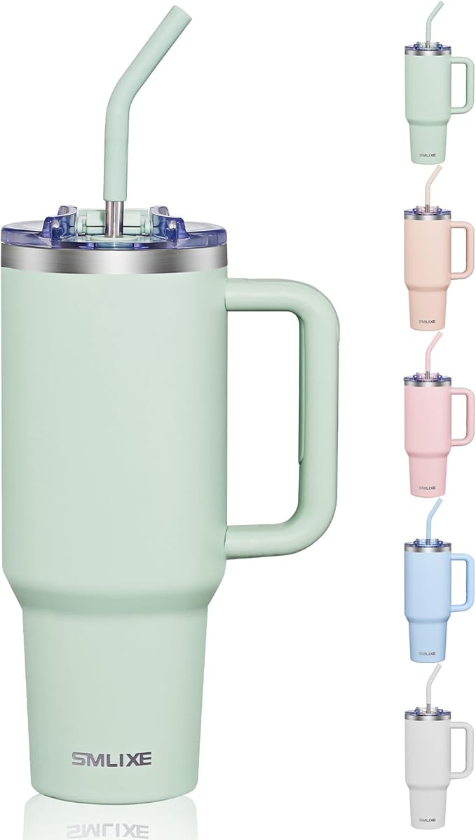 COKTIK 40 oz Tumbler With Handle and Straw Lid, Vacuum Insulated Travel Coffee Mug Stainless Steel Insulated Cup for Beverages, Leak-proof, Cupholder Friendly (Seafoam) - Bloomnest