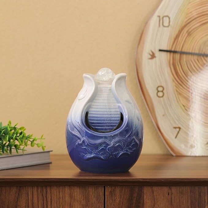 Fountain Tabletop Indoor and Outdoor Home and Garden Decoration Waterfall Water Feature Ceramic mini Fountain (Blue S085)