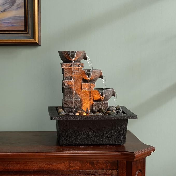 GOSSI Home Décor Imitation 3-Tier Stone Wall Tabletop Fountain Many Natural River Rock Office Relaxing Desktop Zen Waterfall Meditation Tabletop Fountain LED Lights Fountain Christmas Decorations - Bloomnest
