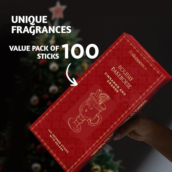 Folkulture Christmas Incense Sticks | Set of 120 Insence-Sticks with Holder for Relaxation |Cinnamon & Orange Incense| Organic, Slow Burning & Non Toxic Inscents | Luxe Fragrances - Gifts for Her - Bloomnest