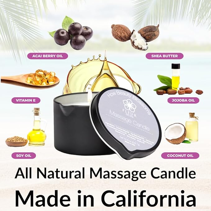 FLEUR DE SPA Massage Oil Candle – 6oz with Pour Spout – Made in USA – All Natural Coconut & Soy Blend – Melts to Warm, Alluring & Hydrating Body Oil – Perfect Spa & Gift Candle (Coconut) - Bloomnest