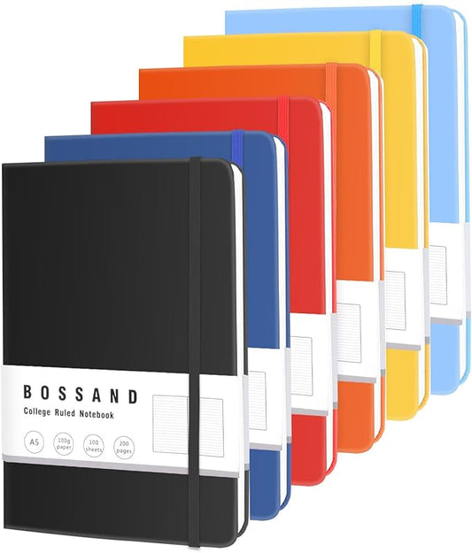 BOSSAND Lined Journal Notebooks, 6 Pack A5 Journals for Writing, 200 Pages 100 GSM Thick Classic Ruled Paper, Hardcover, 8.25 inches x 5.75 inches, 6 Colors - Bloomnest