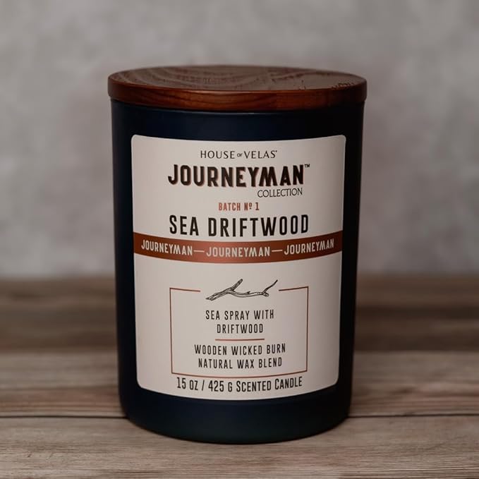 Journeyman Collection Candle, 15oz, Wooden Wick, Sea Driftwood, Large Painted Jar - Bloomnest