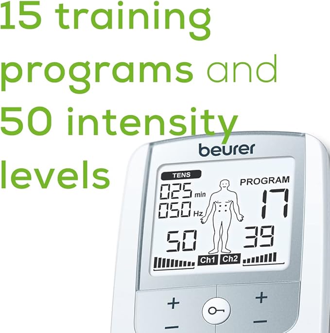 Beurer EM44 TENS Unit Muscle Stimulator with 50 Intensity Levels for Muscle Pain Relief, Muscle Stimulator Includes 4 Electrode TENS Pads, Belt Clip, and Batteries with Tens Machine BeurerNorthAmerica