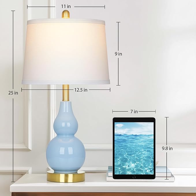 25" Modern Ceramic Table Lamps Set of 2, Blue Double Gourd Ceramic Lamps for Living Room, Coastal Farmhouse Rustic Bedside Nightstand Nautical Lamps for Bedrooms Home Office Dorm(2 LED Bulbs Included) - Bloomnest