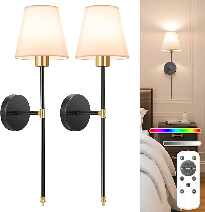 NIORSUN Battery Operated Wall Sconce Set of 2,Gold-Black Rechargeable Wall Lights with 5200mAh Dimmable Bulbs and Remote,9 Colors Wireless Wall Lamps for Bedroom Living Room Hallway Decor - Bloomnest