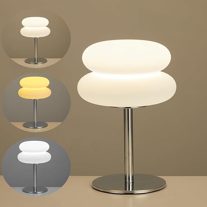 Vintage Table Lamp for Bedroom, Mid Century Modern Dimmable Night Light, Aesthetic Egg Tart Desk Lamp, Cozy Ambient Lighting for Living Room & Home Decor (White, Not-Glass) - Bloomnest