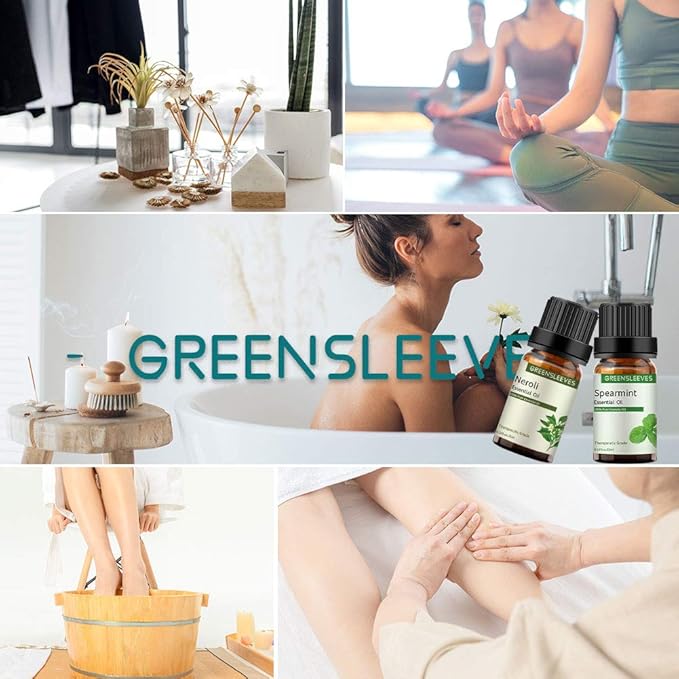 GREENSLEEVES Neroli Spearmint Essential Oil Set, 2 x 10ml Pure Plant-Based Fragrance Oil for Aromatherapy, Essential Oils for Diffuser, Massage, Bath Bomb, Scented Candle Soap Making GREENSLEEVES