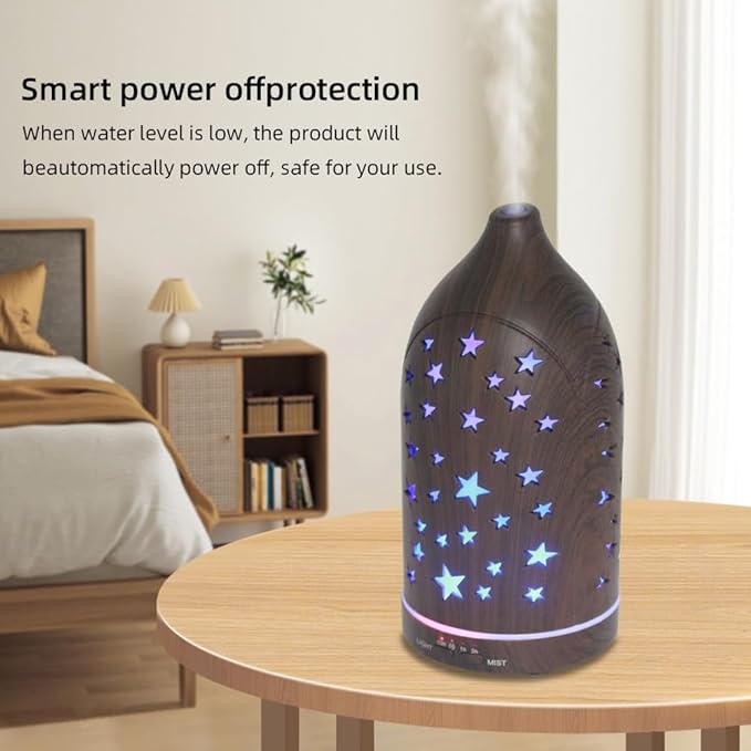 Aromatherapy Diffusers,7.1''x3.5''Diffuser with 3 Essential Oil Set,Small 200ml Office Desk Humidifier with 7 LED Colors Night Lights,Waterless Auto-Off for Home Decor Gift (Star Dark Wood Grain) - Bloomnest