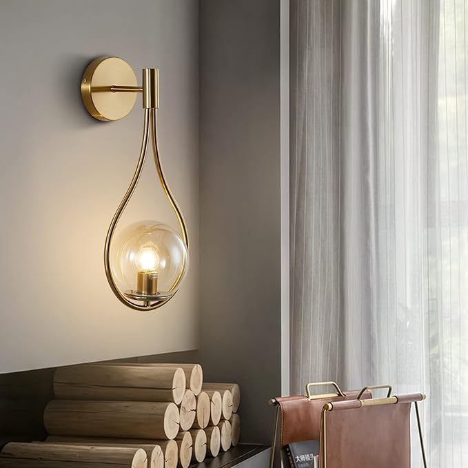KCO Lighting Glass Globe Wall Mounted Sconce Gold Teardrop Wall Sconce Vintage Cordless Sconces Wall Lighting for Stairwell Bathroom Bedroom (Gold + Amber) - Bloomnest