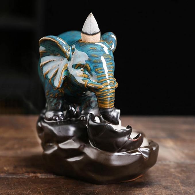 Comeon Backflow Incense Burner Elephant Incense Holder Handmade Ceramic Incense Waterfall Burner Censer + 20 Backflow Incense Cones 30 Incense Sticks 1 Tweezer 1 Mat for Meditaion Home Decor - Bloomnest