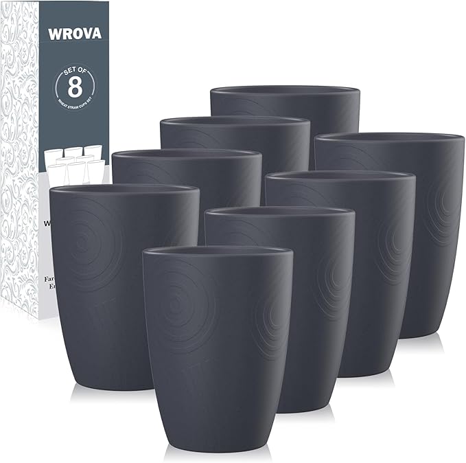Wheat Straw Cups 8 PCS Good Alternative to Plastic Reusable Cups 12 oz Unbreakable Drinking Cup Reusable Dishwasher Safe Water Plastic Glasses Deep Grey - Bloomnest