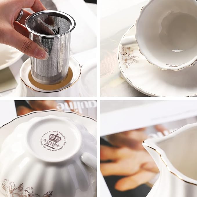 Porcelain Tea Sets British Royal Series, 8 OZ Cups & Saucer Service for 6, with Teapot Sugar Bowl Cream Pitcher Teaspoons and Tea Strainer, Suitable for High Tea, Wedding, Party（Rose Flower） - Bloomnest