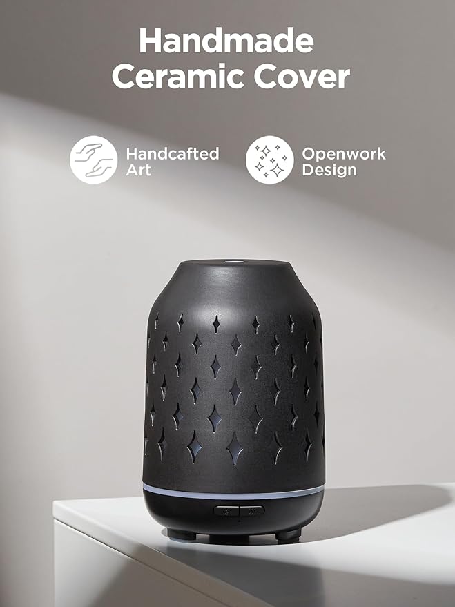 InnoGear Aromatherapy Diffuser, 150ml Ceramic Diffuser Ultrasonic Humidifier Cool Mist Essential Oil Diffusers for Home Air Diffuser with 2 Mist Modes Waterless Auto Off, Black - Bloomnest