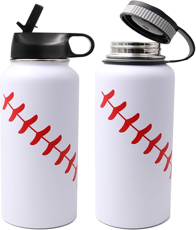 32 oz Baseball Water Bottle, Wide Mouth Sports Flask Metal Travel Tumbler with 2 Lids, Stainless Steel Double Wall Vacuum Insulated Thermo Water Bottles, Baseball Accessories Gifts for Mom Boys Girls - Bloomnest