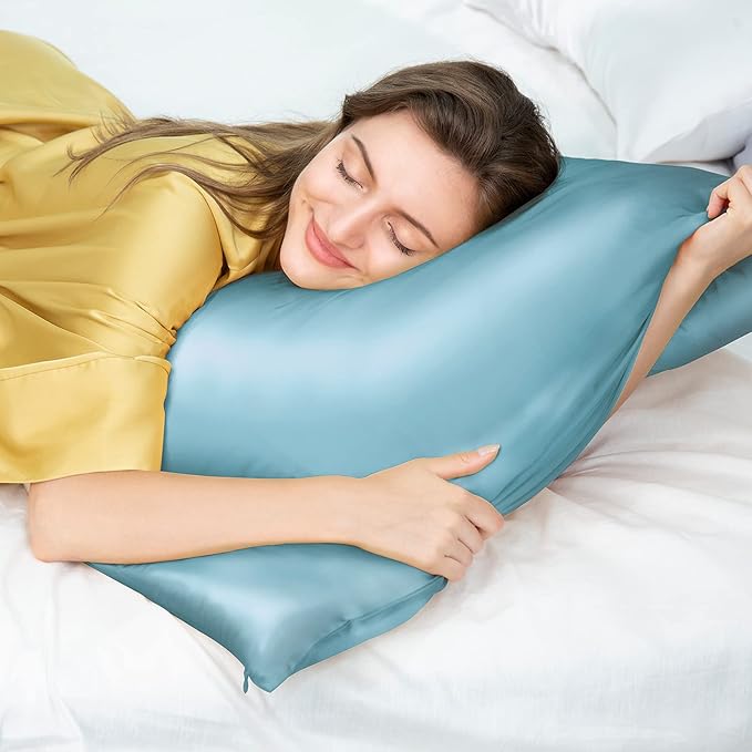 100% Mulberry Silk Pillowcase for Hair and Skin, 22 Momme Pure Natural Silk Pillow Case Both Sided with Zipper, Pillow Cover for Women Mom Men (Airy Blue, King 20''×40'', 1 Pack) - Bloomnest