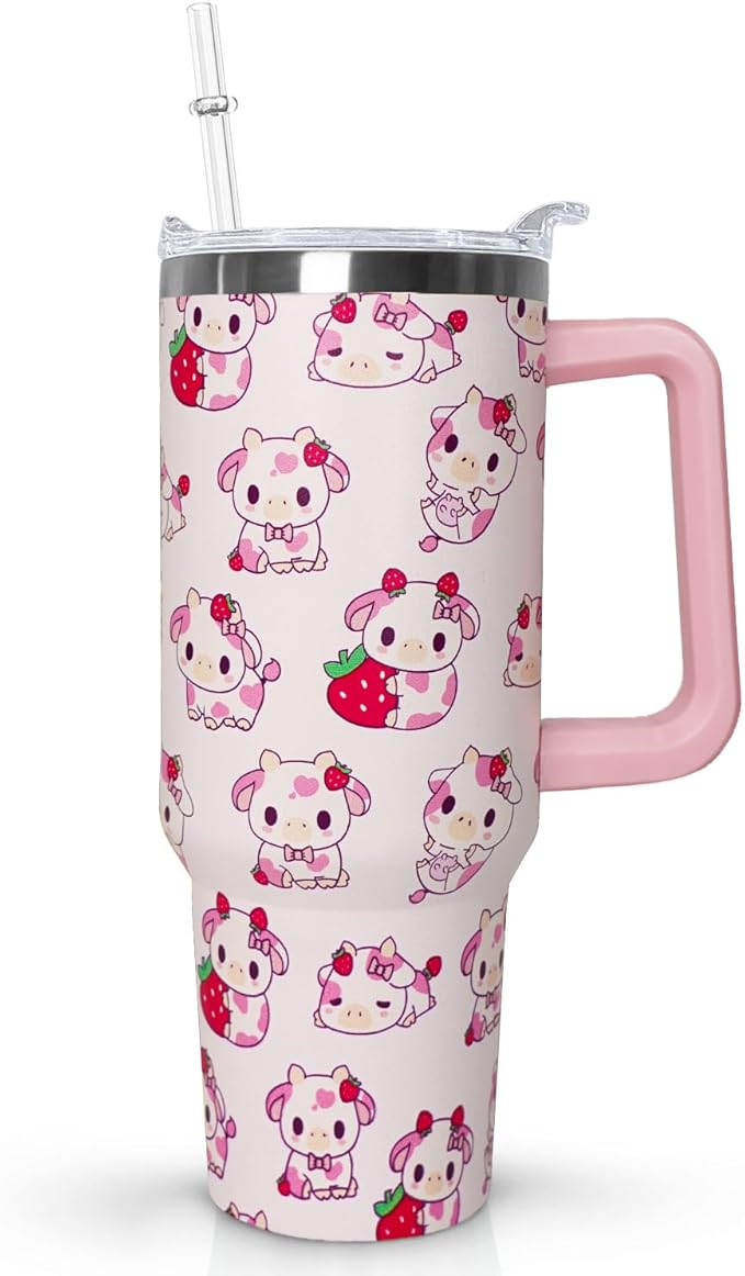 Ceovfoi 40 Oz Strawberry Cow Tumbler With Handle, Cow Print Coffee Travel Mug Cup Water Bottle, Strawberry Decor, Cow Print Gifts for Women - Bloomnest