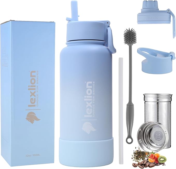 Lexlion Tea Infuser Water Bottle 32 Oz – Triple Wall Insulated Stainless Steel, Loose Leaf & Fruit Strainer, 3 Leakproof Lids, BPA-Free Silicone Sleeve, Reusable Thermal Mug - Bloomnest