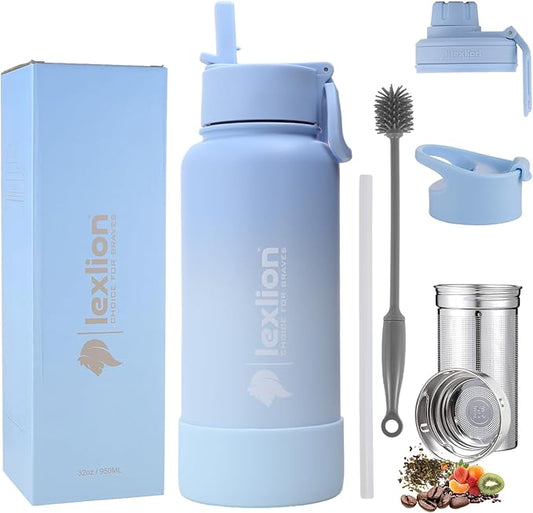 Lexlion Tea Infuser Water Bottle 32 Oz – Triple Wall Insulated Stainless Steel, Loose Leaf & Fruit Strainer, 3 Leakproof Lids, BPA-Free Silicone Sleeve, Reusable Thermal Mug - Bloomnest