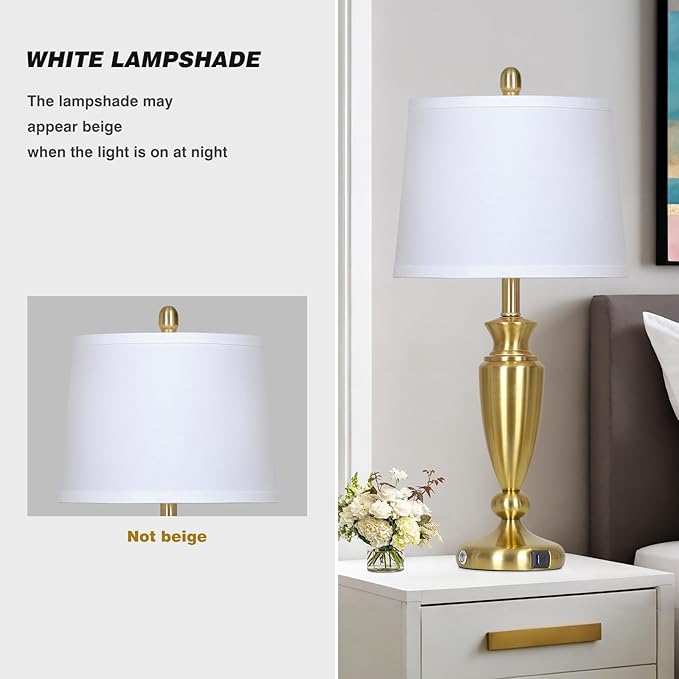 27'' Gold Table Lamps for Living Room with White Lampshade, 3 Way Touch Control Bedside Lamps Set of 2 with USB A+C Ports, Modern Metal Nightstand Lamp for Bedroom Office End Table - Bloomnest