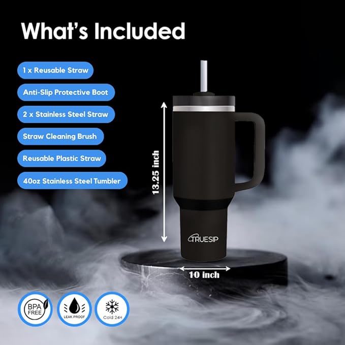 Ultimate 40oz All in One Tumbler - Leak-Proof Stainless-Steel Tumbler - Includes Silicone Boot, 3 Straws, 2 Straw Caps, & Cleaning Brush (Black) - Bloomnest