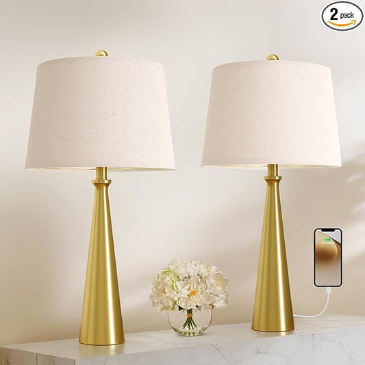 Oneach 25.75" Modern Table Lamp Set of 2, Bedside Lamps with USB Ports, Brass Gold Nightstand Lamps Set for Living Room Bedroom House Bedside Home Office Family - Bloomnest