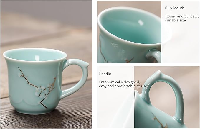 KEYDUACU Japanese Tea Set, Celadon Ceramic Tea Set, Plum Blossom Embossed, Includes 1 Teapot, 6 Anti-scald Teacups,Tea Tray,Strainer, Home, Outdoor, Gift, Chinese Kung Fu Tea Set(FDMH-FT-CYAN) - Bloomnest