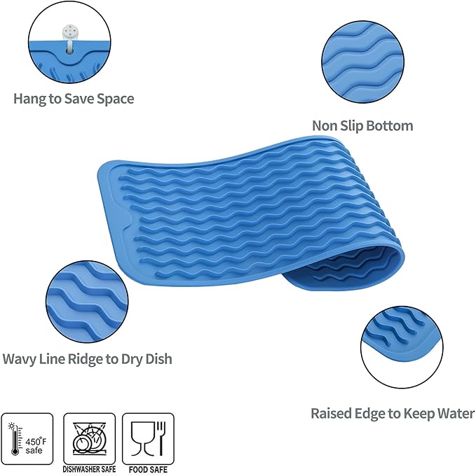 Silicone Dish Drying Mat for Multiple Usage,Easy clean,Eco-friendly,Heat-resistant Silicone Mat for Kitchen Counter,Sink,Bar,Bottle,or Cup Lichen Blue M 17 inches x 6 inches - Bloomnest