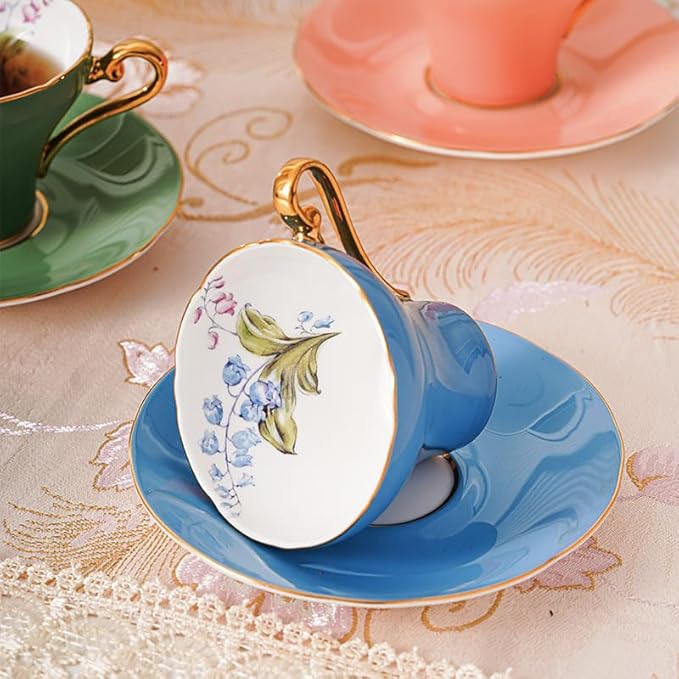 Aynsley Handpainting Colored Glaze Lily of the Valley Corset Fine Bone China English Tea Cup and Saucer Set, 6.1 oz (Turq) - Bloomnest
